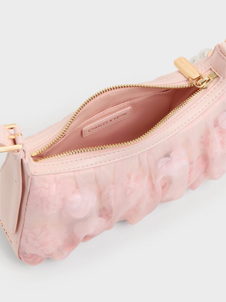 CHARLES AND KEITH Gift Set: Floral-Mesh Pearl-Strap Shoulder Bag - Light Pink