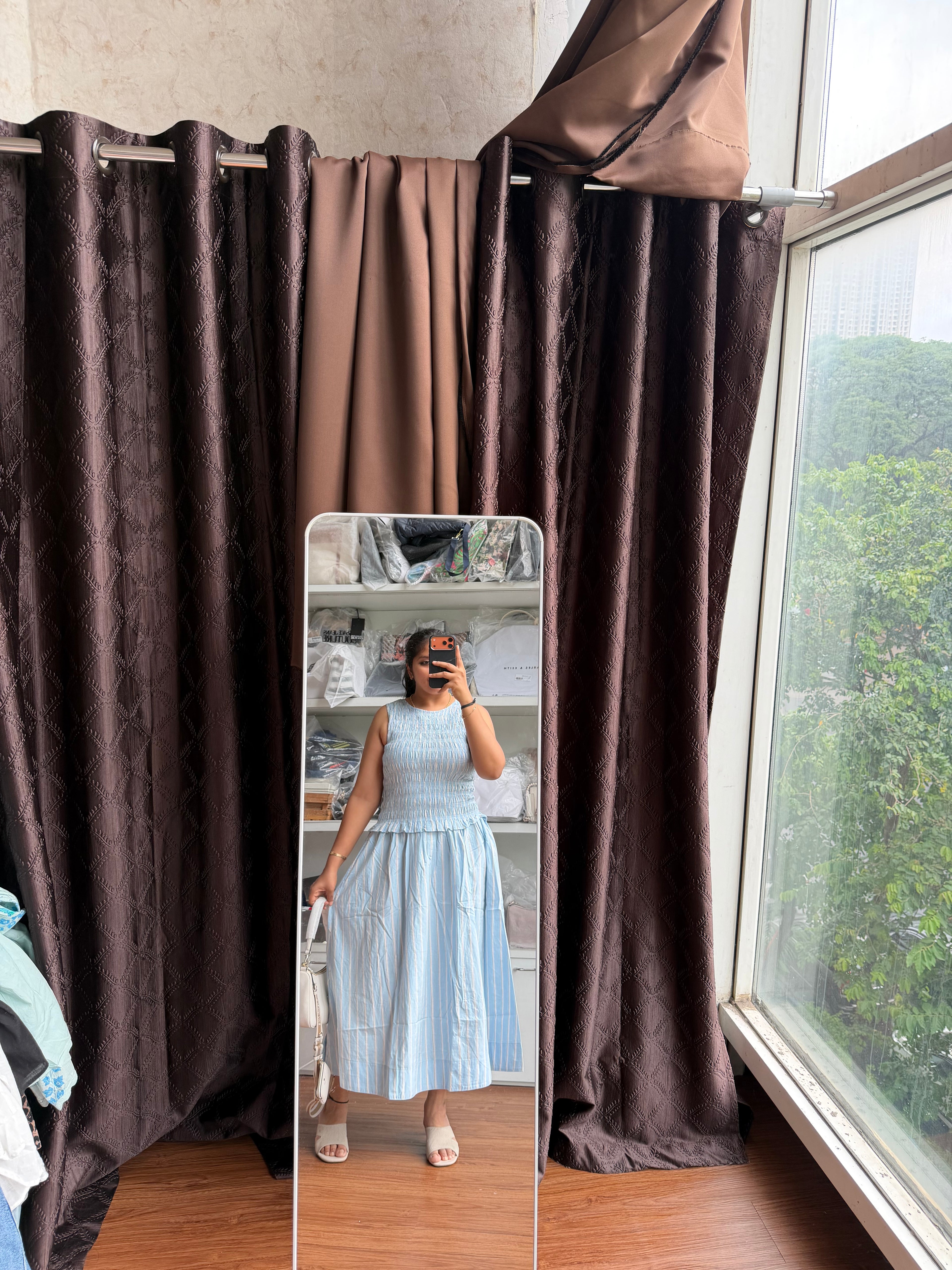 STRIPE SHIRRED DRESS