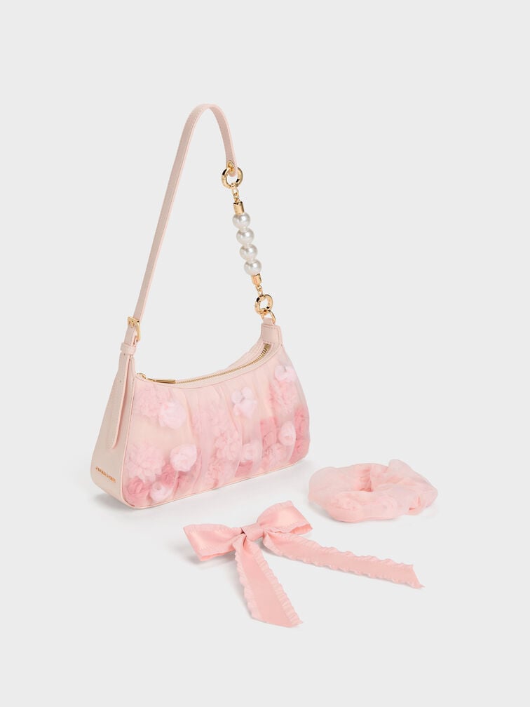 CHARLES AND KEITH Gift Set: Floral-Mesh Pearl-Strap Shoulder Bag - Light Pink