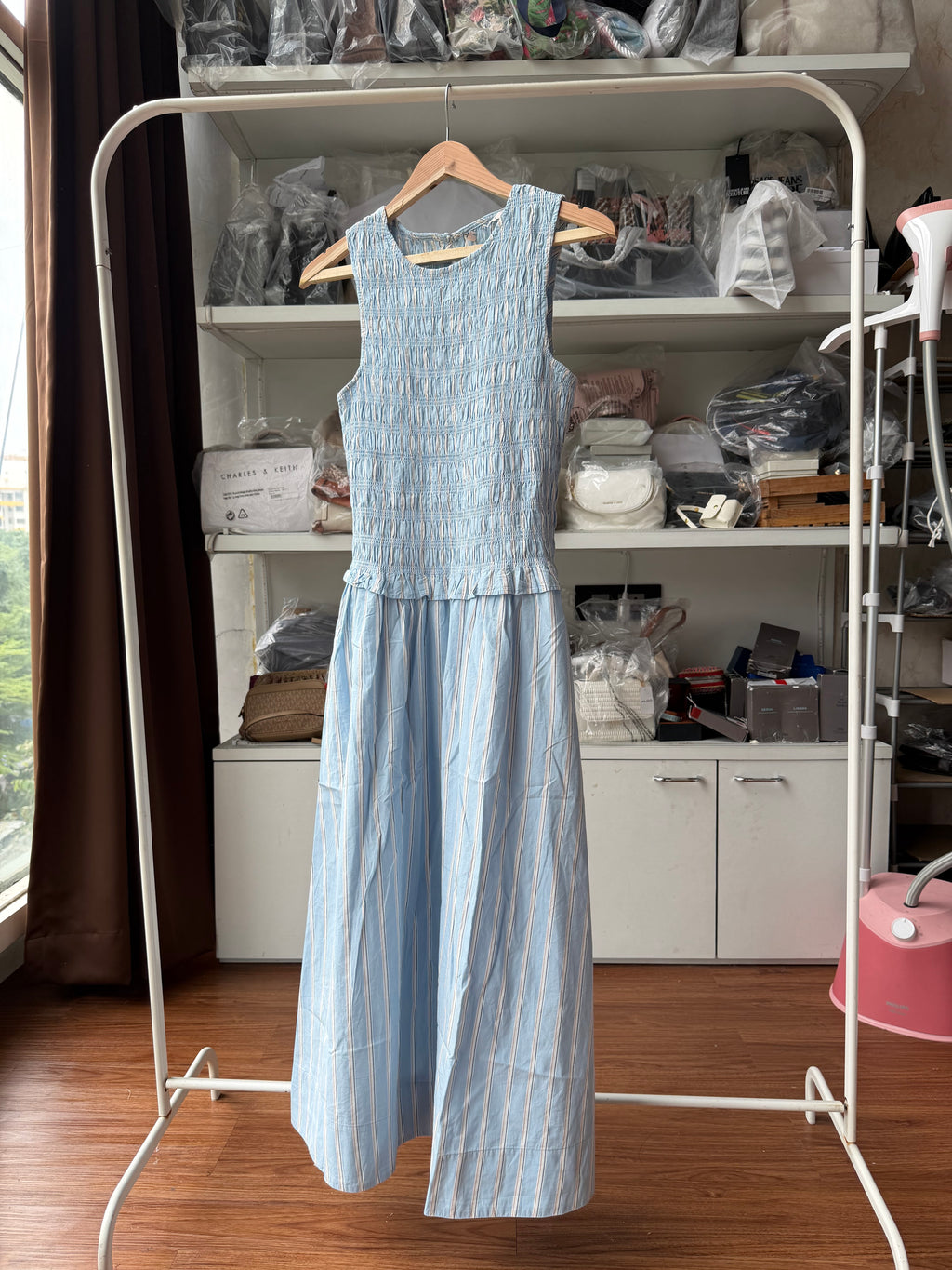 STRIPE SHIRRED DRESS