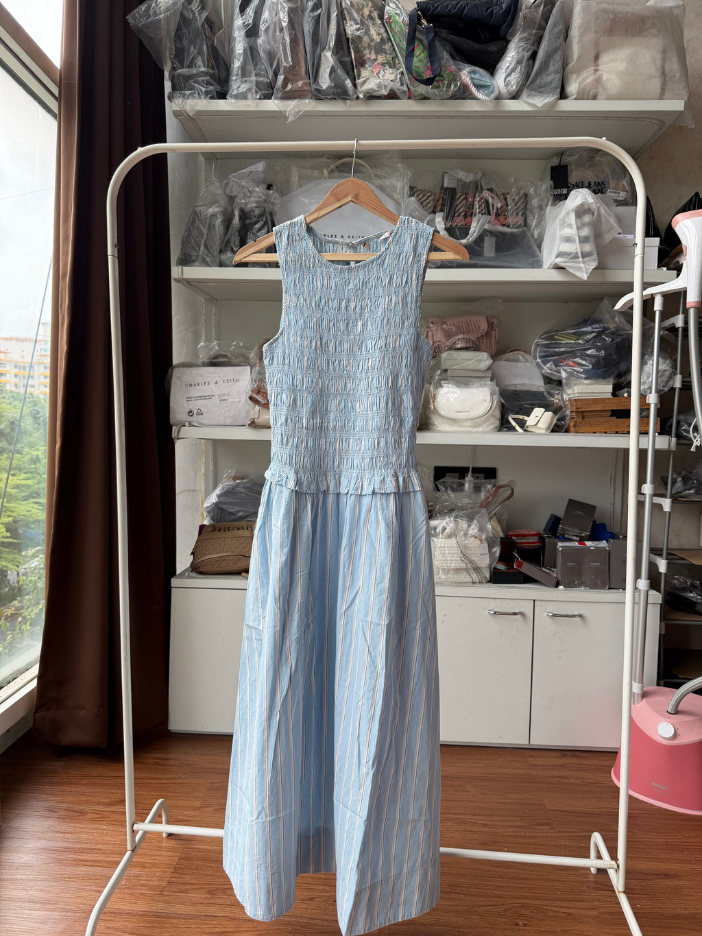 STRIPE SHIRRED DRESS