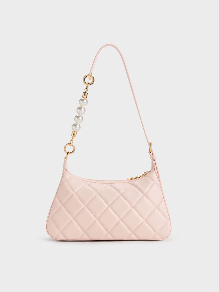 CHARLES AND KEITH Gift Set: Floral-Mesh Pearl-Strap Shoulder Bag - Light Pink