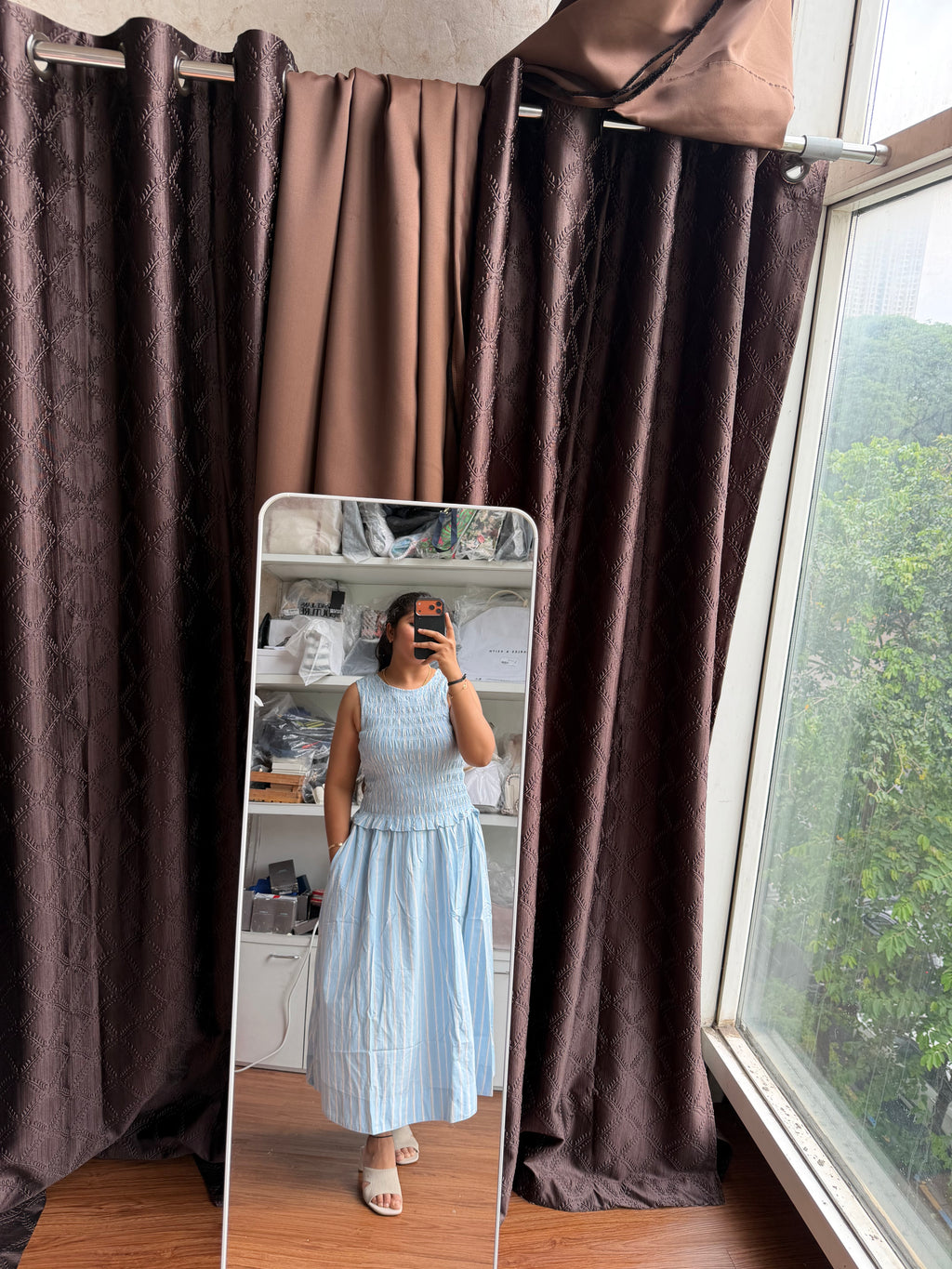 STRIPE SHIRRED DRESS