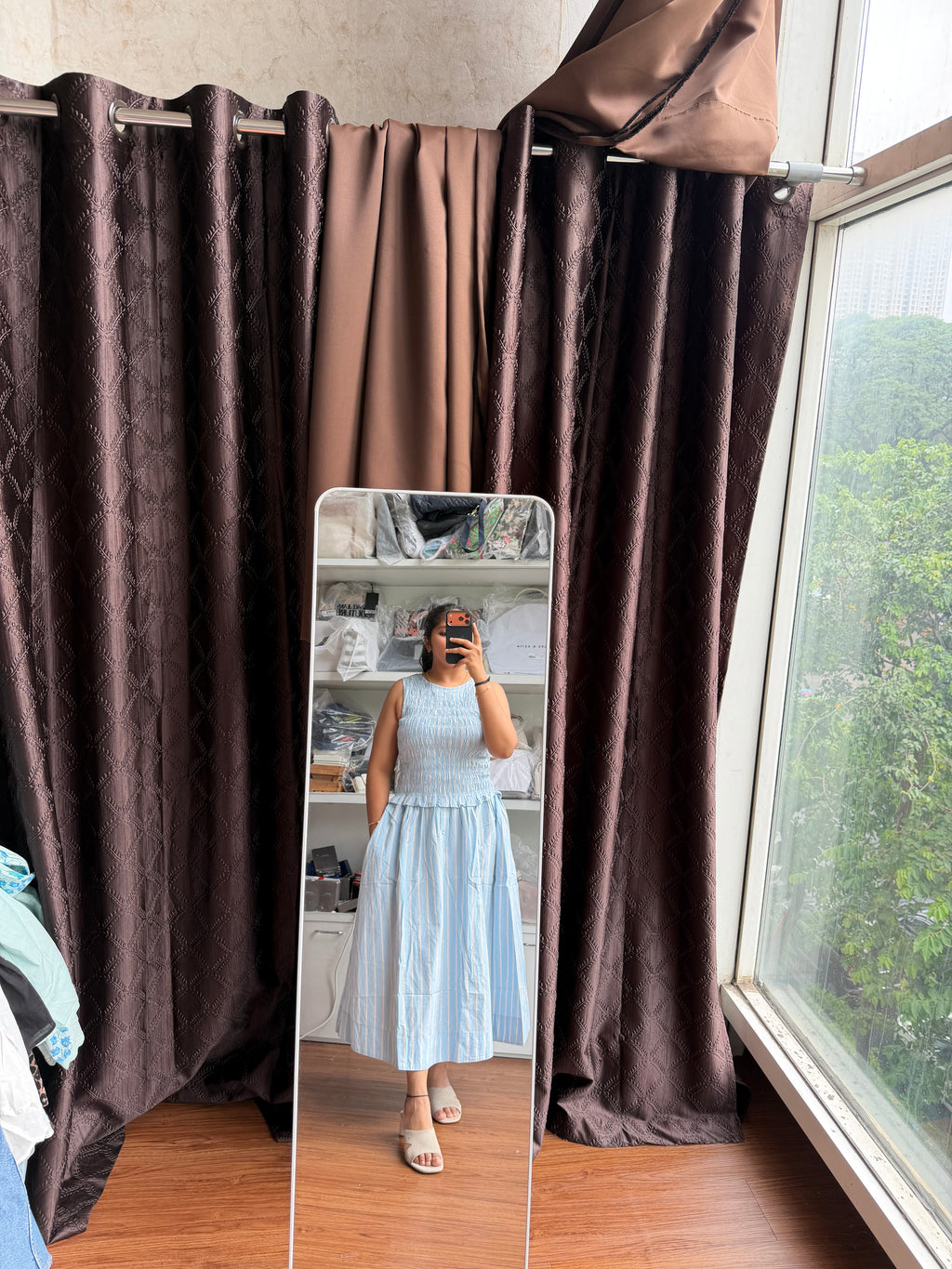 STRIPE SHIRRED DRESS