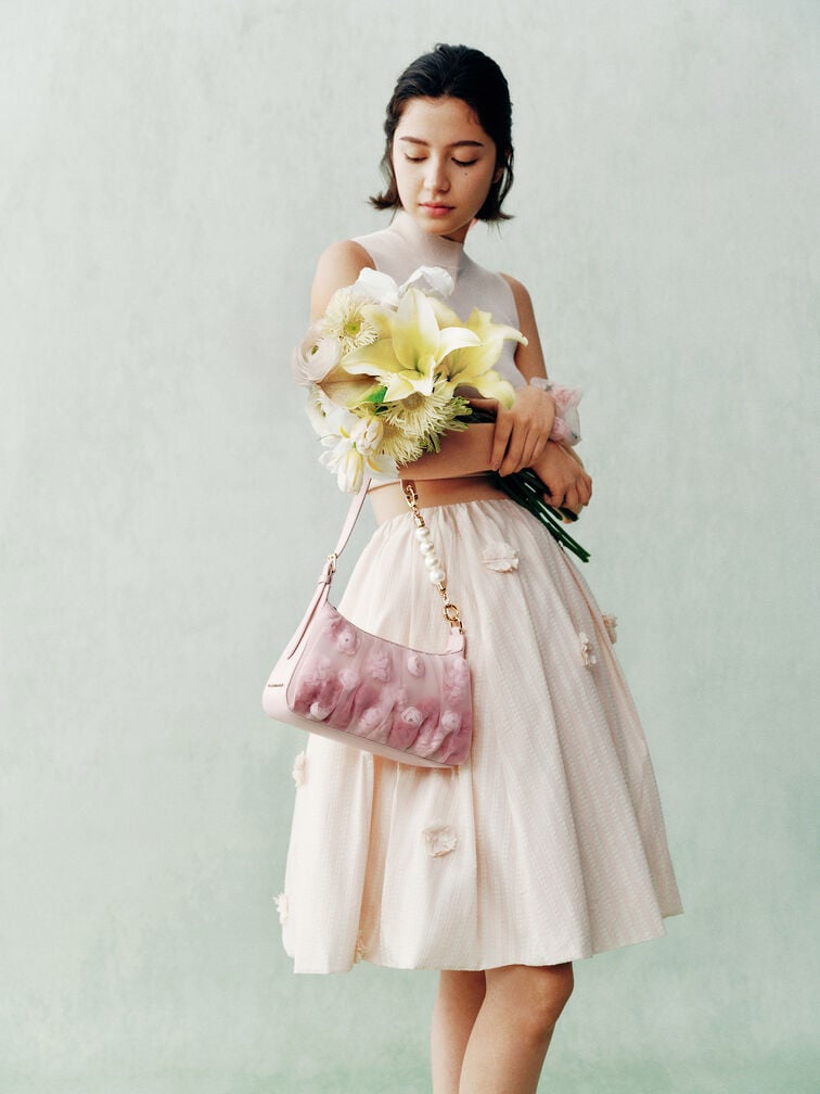 CHARLES AND KEITH Gift Set: Floral-Mesh Pearl-Strap Shoulder Bag - Light Pink