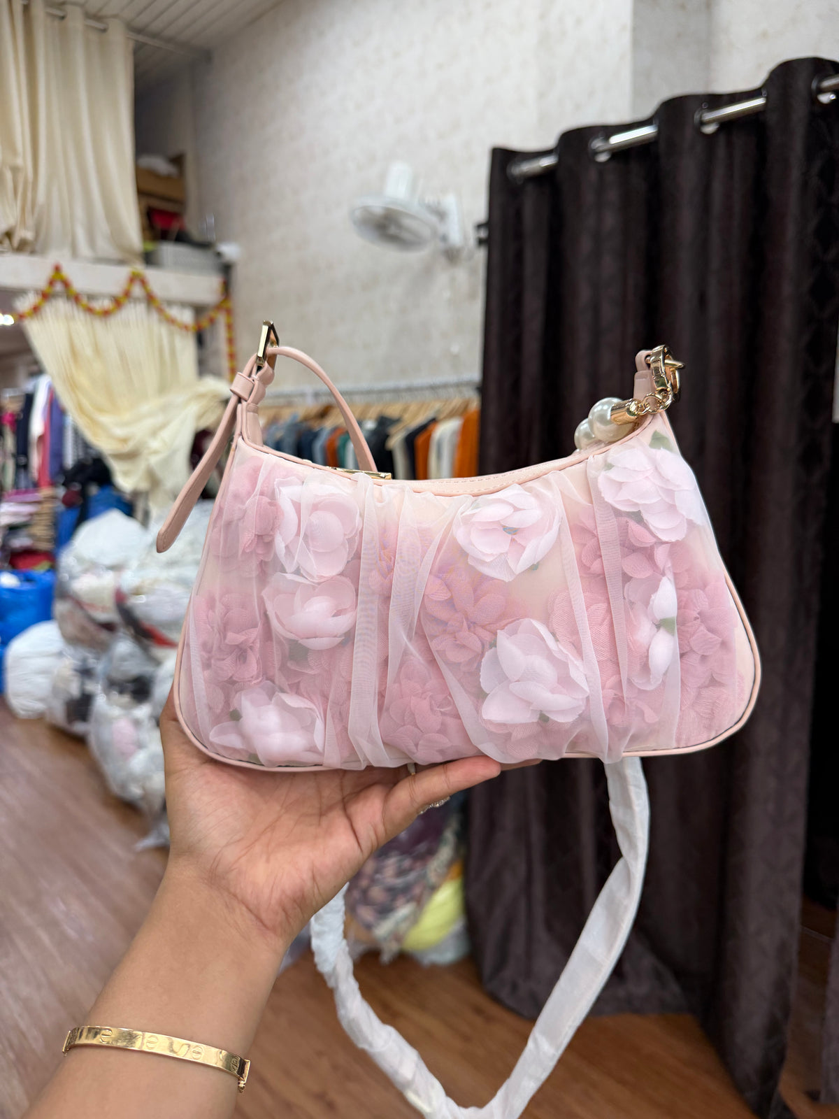 CHARLES AND KEITH Gift Set: Floral-Mesh Pearl-Strap Shoulder Bag - Light Pink