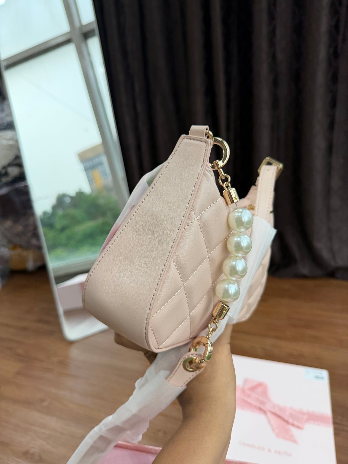 CHARLES AND KEITH Gift Set: Floral-Mesh Pearl-Strap Shoulder Bag - Light Pink