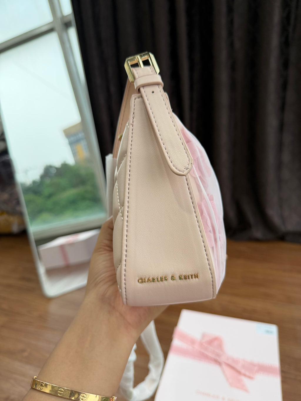 CHARLES AND KEITH Gift Set: Floral-Mesh Pearl-Strap Shoulder Bag - Light Pink