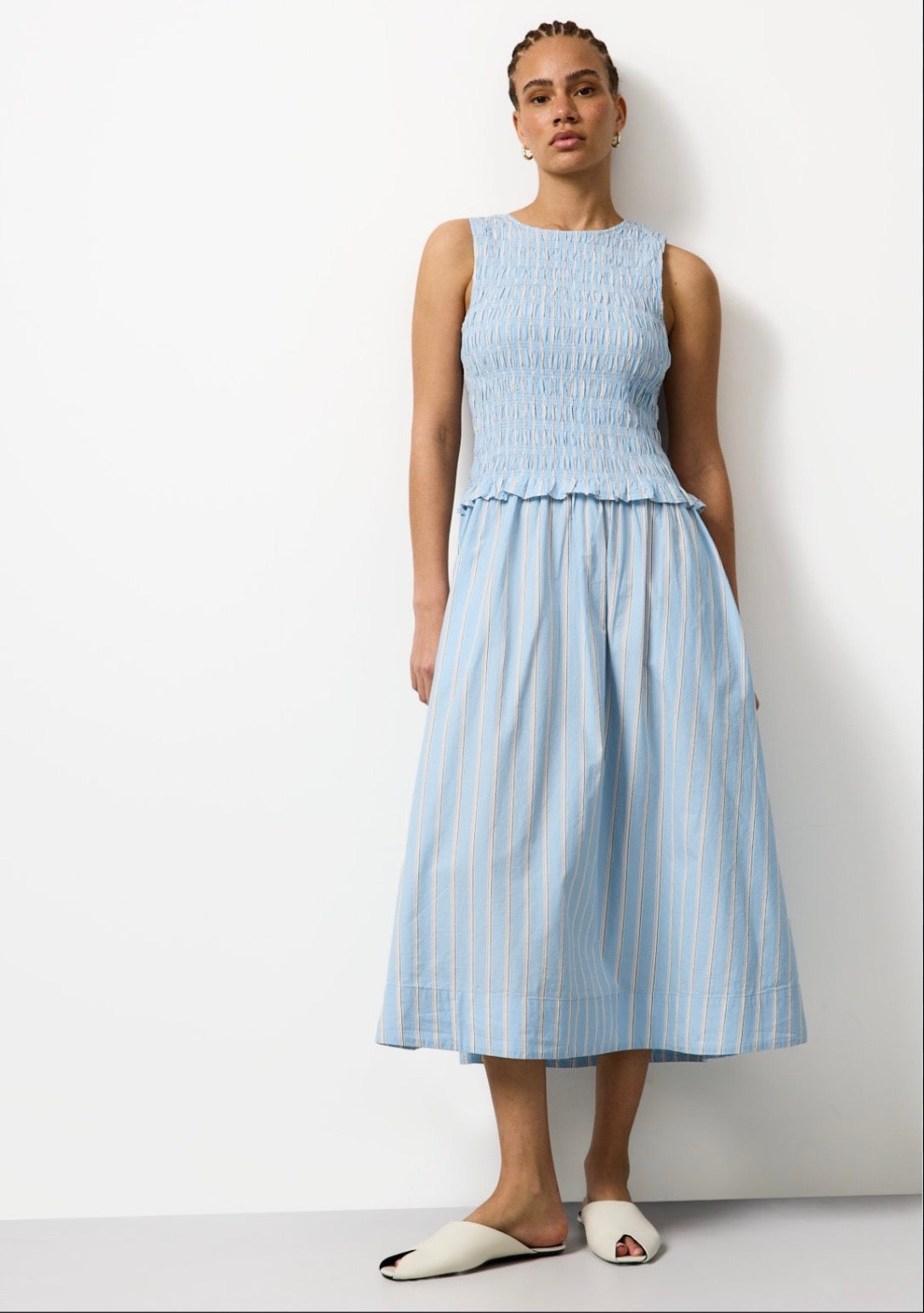 STRIPE SHIRRED DRESS