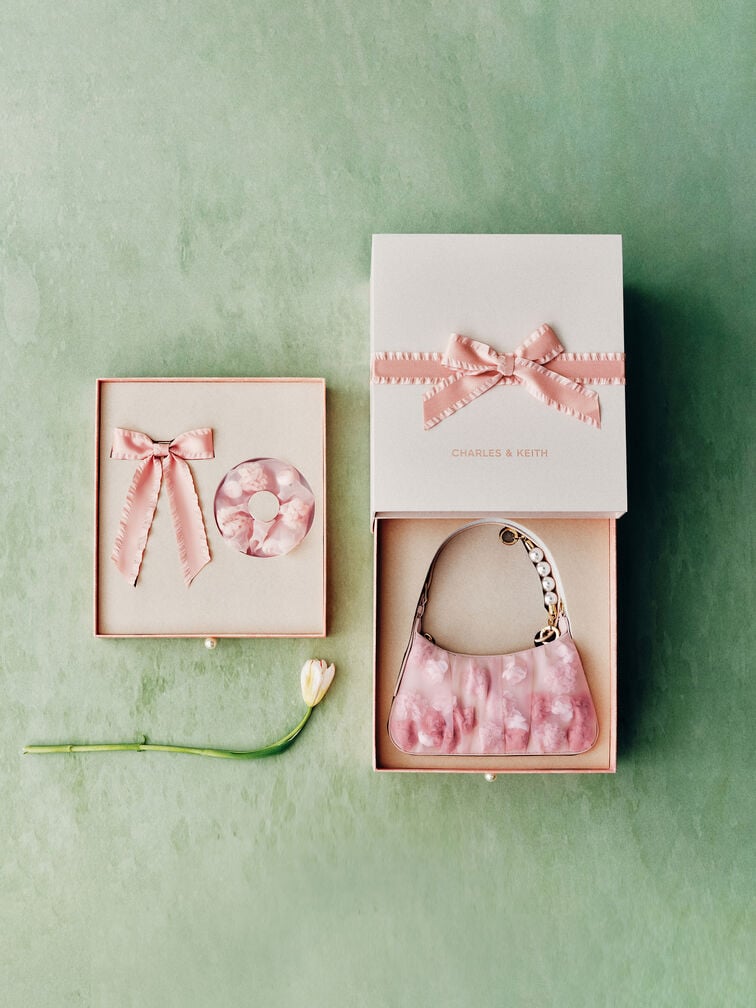 CHARLES AND KEITH Gift Set: Floral-Mesh Pearl-Strap Shoulder Bag - Light Pink