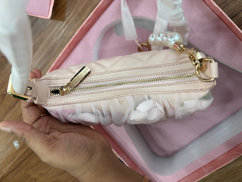 CHARLES AND KEITH Gift Set: Floral-Mesh Pearl-Strap Shoulder Bag - Light Pink